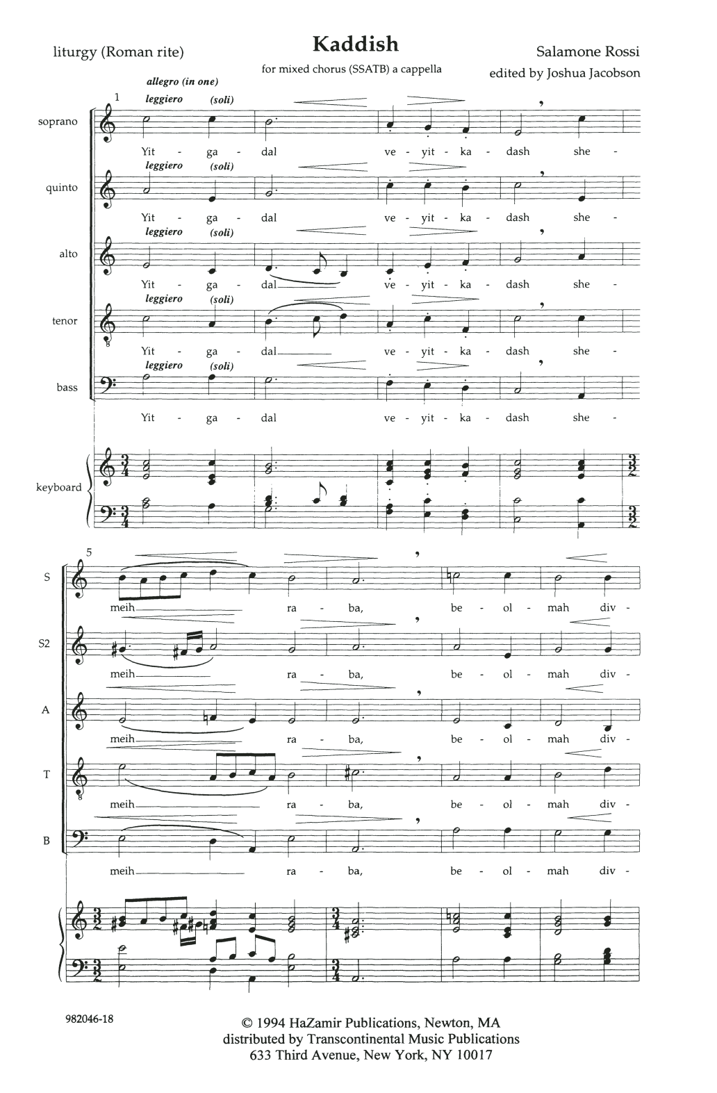 Salamone Rossi Kaddish Sheet Music Notes & Chords for SATB Choir - Download or Print PDF