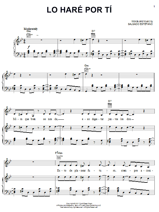Salgado Estefano Lo Hare Por Ti Sheet Music Notes & Chords for Piano, Vocal & Guitar (Right-Hand Melody) - Download or Print PDF