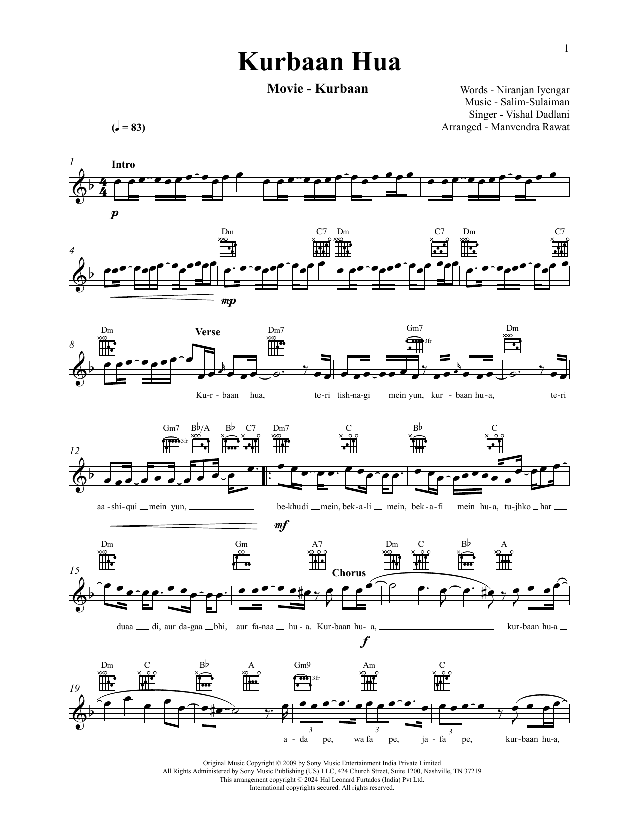 Salim & Sulaiman Sadruddin Merchant Kurbaan Hua (from Kurbaan) Sheet Music Notes & Chords for Lead Sheet / Fake Book - Download or Print PDF