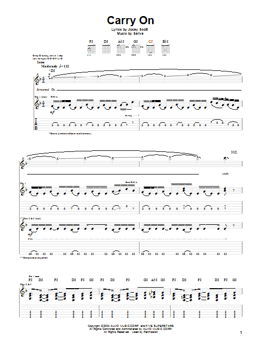 Saliva Carry On Sheet Music Notes & Chords for Guitar Tab - Download or Print PDF