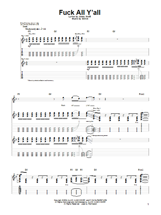 Saliva F*** All Y'all Sheet Music Notes & Chords for Guitar Tab - Download or Print PDF