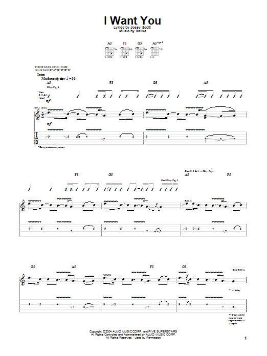 Saliva I Want You Sheet Music Notes & Chords for Guitar Tab - Download or Print PDF