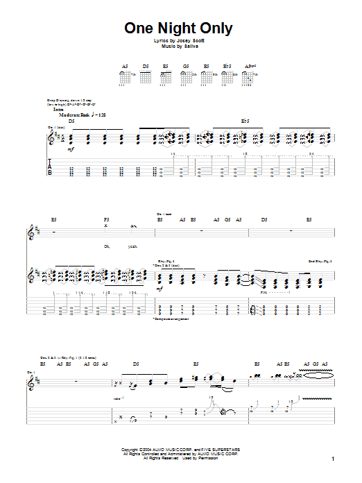 Saliva One Night Only Sheet Music Notes & Chords for Guitar Tab - Download or Print PDF