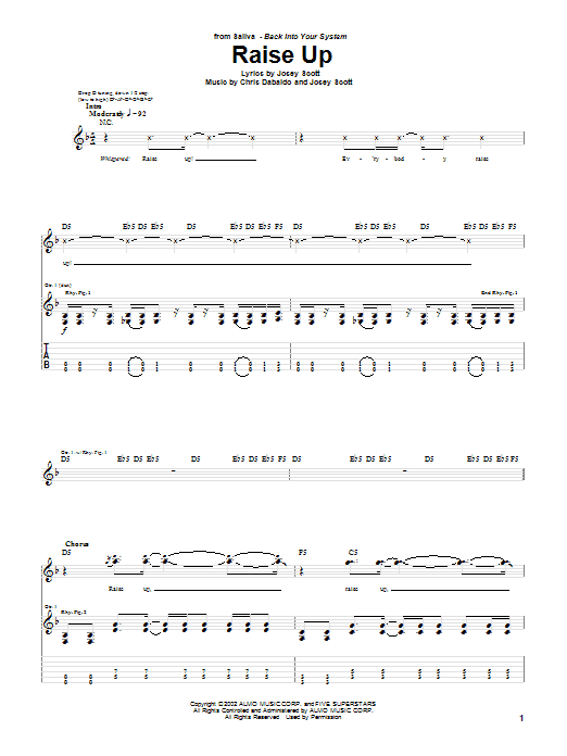 Saliva Raise Up Sheet Music Notes & Chords for Guitar Tab - Download or Print PDF