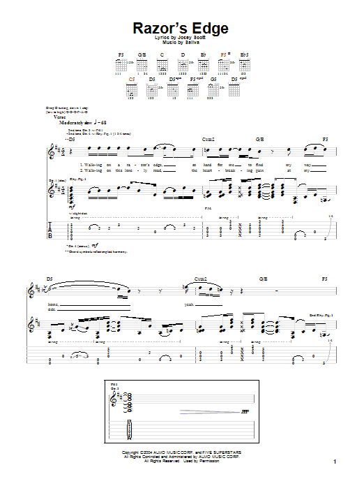 Saliva Razor's Edge Sheet Music Notes & Chords for Guitar Tab - Download or Print PDF