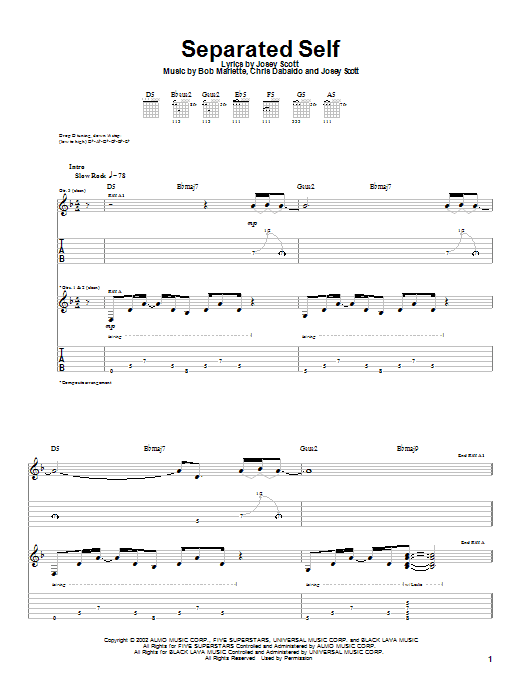Saliva Separated Self Sheet Music Notes & Chords for Guitar Tab - Download or Print PDF