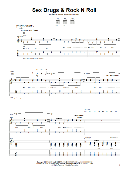 Saliva Sex Drugs & Rock N Roll Sheet Music Notes & Chords for Guitar Tab - Download or Print PDF