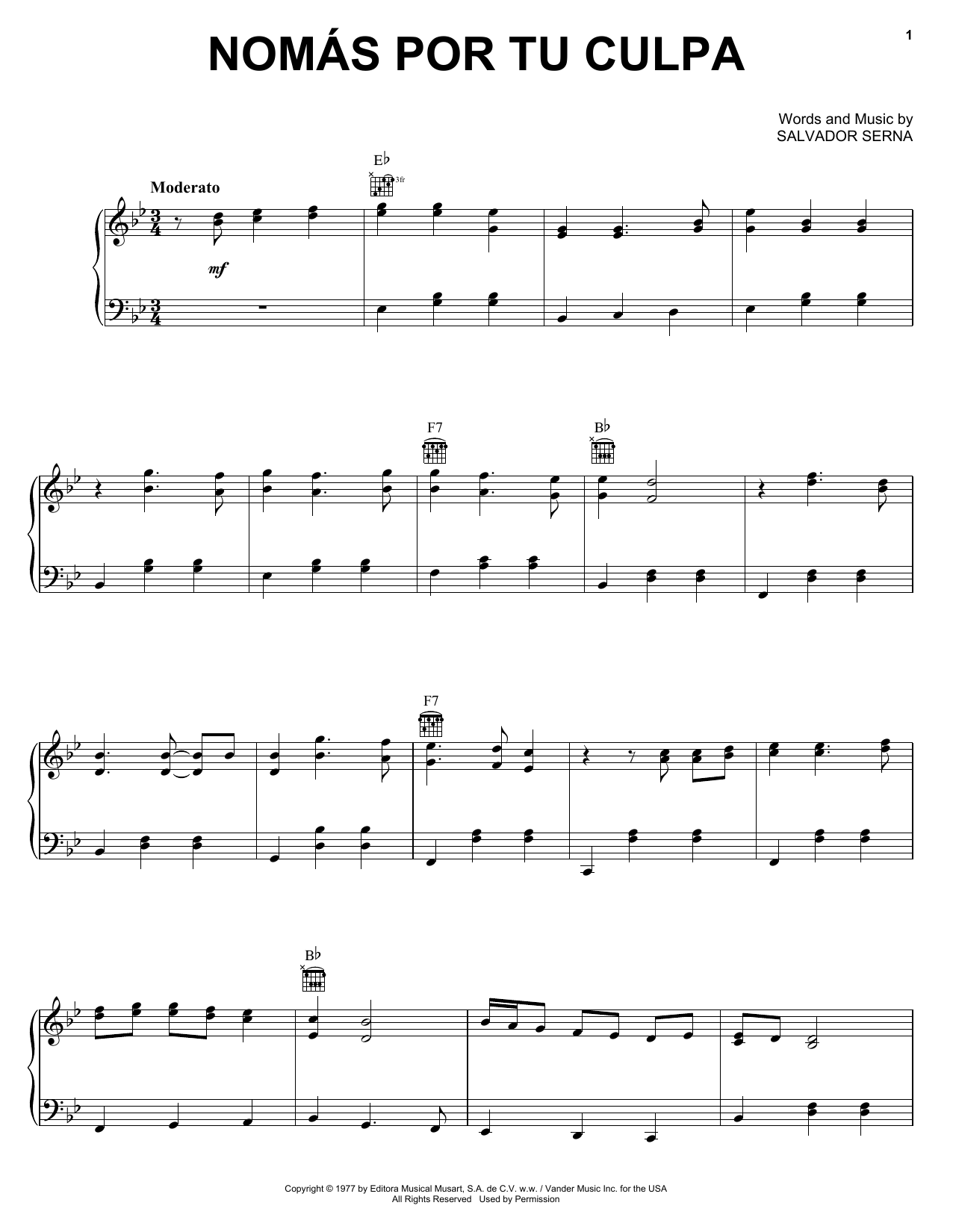 Salvador Serna Nomas Por Tu Culpa Sheet Music Notes & Chords for Piano, Vocal & Guitar (Right-Hand Melody) - Download or Print PDF