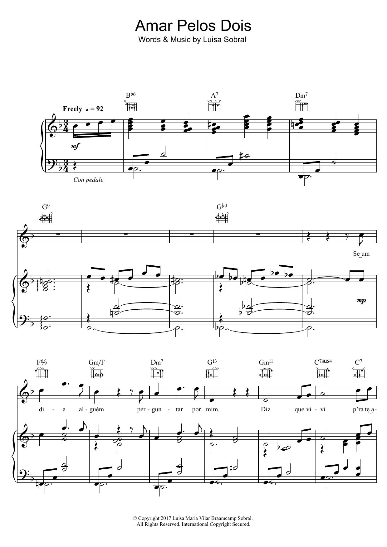 Salvador Sobral Amar Pelos Dois Sheet Music Notes & Chords for Piano, Vocal & Guitar (Right-Hand Melody) - Download or Print PDF