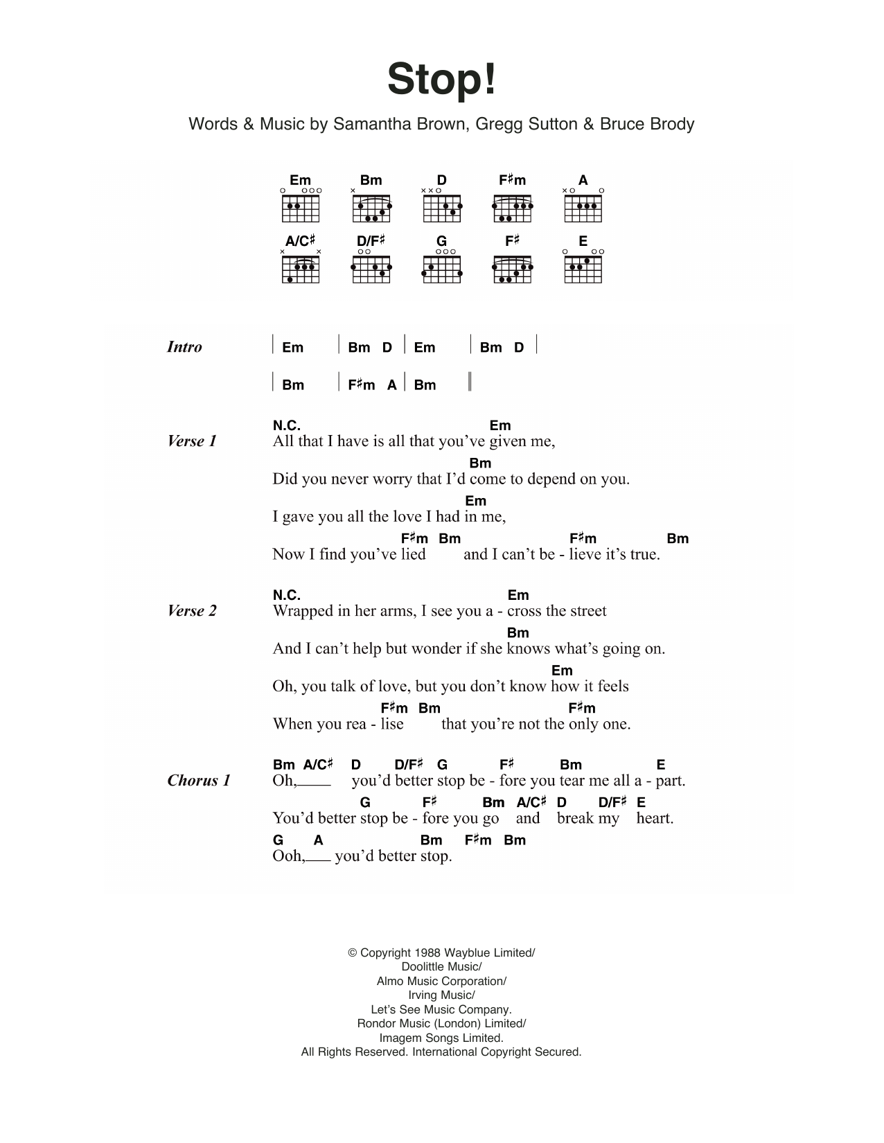 Sam Brown Stop! Sheet Music Notes & Chords for Lyrics & Chords - Download or Print PDF