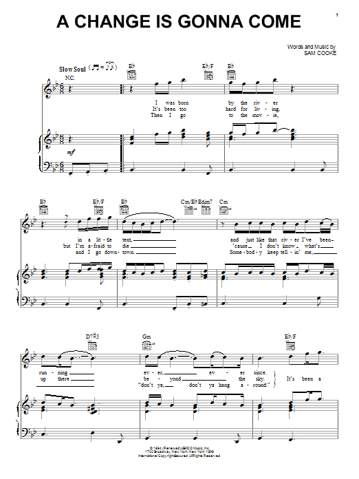 Sam Cooke A Change Is Gonna Come Sheet Music Notes & Chords for Piano, Vocal & Guitar (Right-Hand Melody) - Download or Print PDF