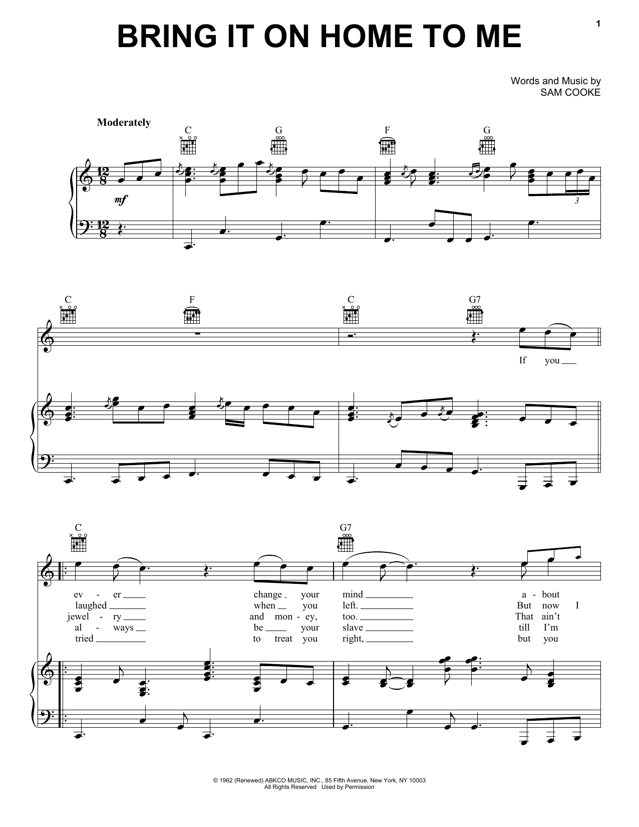 Sam Cooke Bring It On Home To Me Sheet Music Notes & Chords for Piano, Vocal & Guitar (Right-Hand Melody) - Download or Print PDF