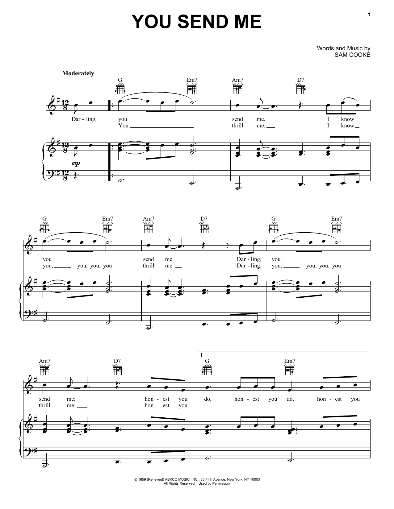Sam Cooke You Send Me Sheet Music Notes & Chords for Piano, Vocal & Guitar (Right-Hand Melody) - Download or Print PDF