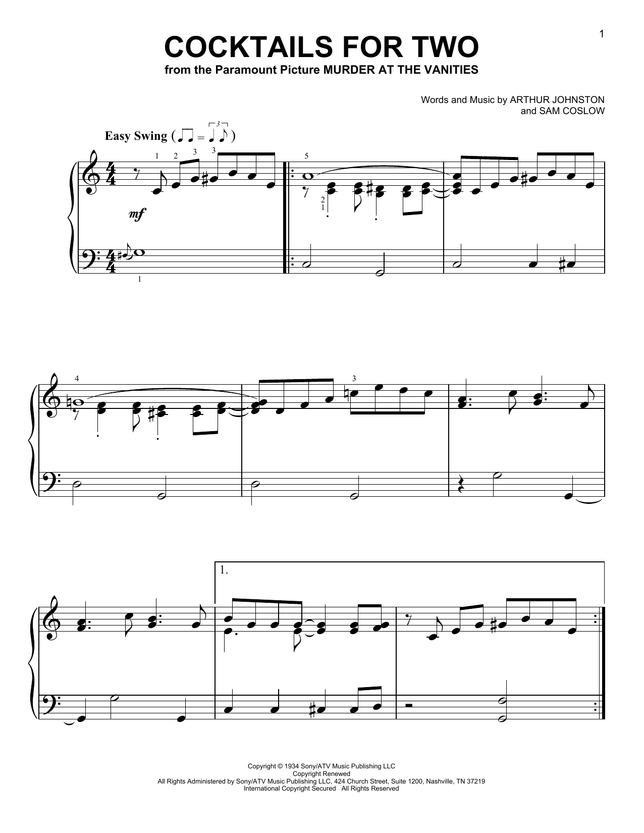 Sam Coslow Cocktails For Two Sheet Music Notes & Chords for Easy Piano - Download or Print PDF