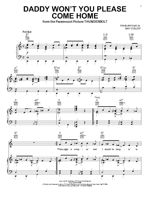 Sam Coslow Daddy Won't You Please Come Home Sheet Music Notes & Chords for Piano, Vocal & Guitar (Right-Hand Melody) - Download or Print PDF