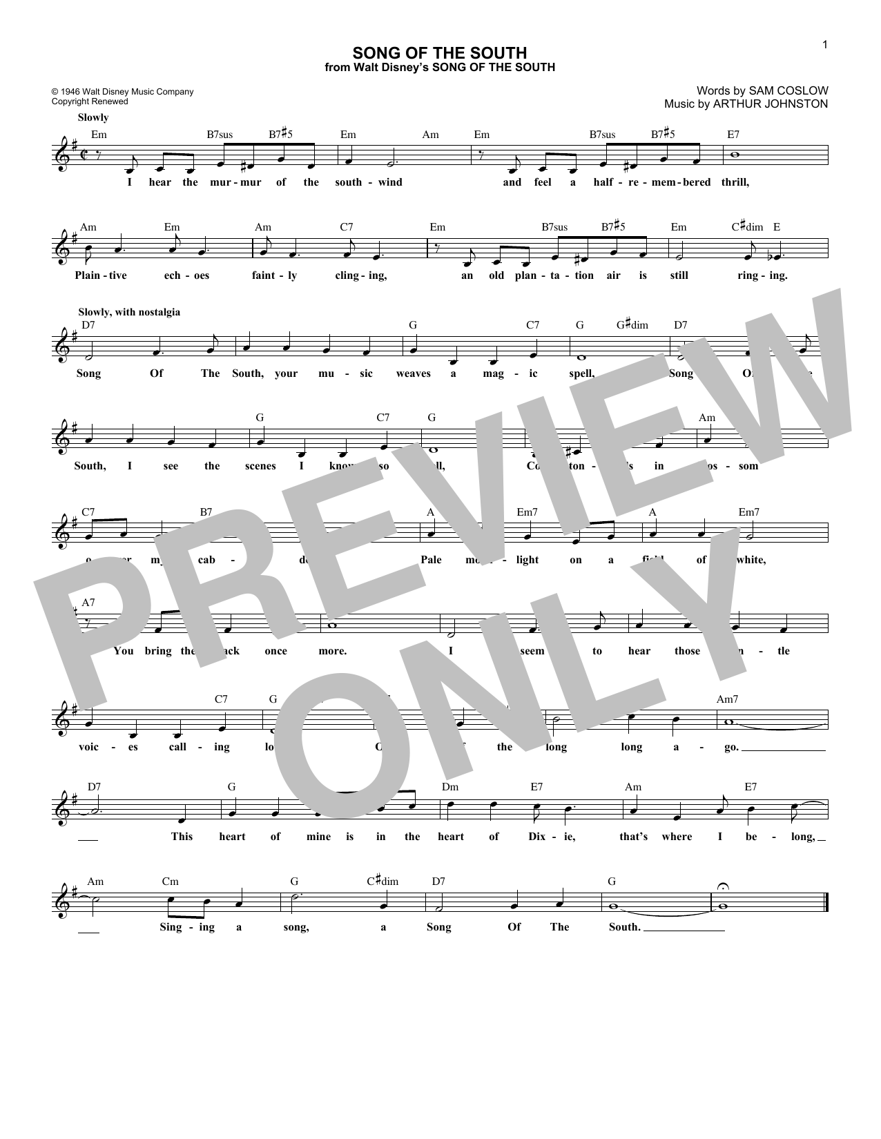 Sam Coslow Song Of The South Sheet Music Notes & Chords for Melody Line, Lyrics & Chords - Download or Print PDF