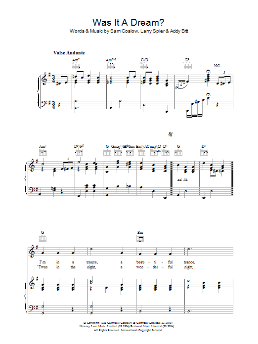 Sam Coslow Was It A Dream Sheet Music Notes & Chords for Piano, Vocal & Guitar (Right-Hand Melody) - Download or Print PDF Sam Coslow Was It A Dream Sheet Music Notes & Chords for Piano, Vocal & Guitar (Right-Hand Melody) - Download or Print PDF