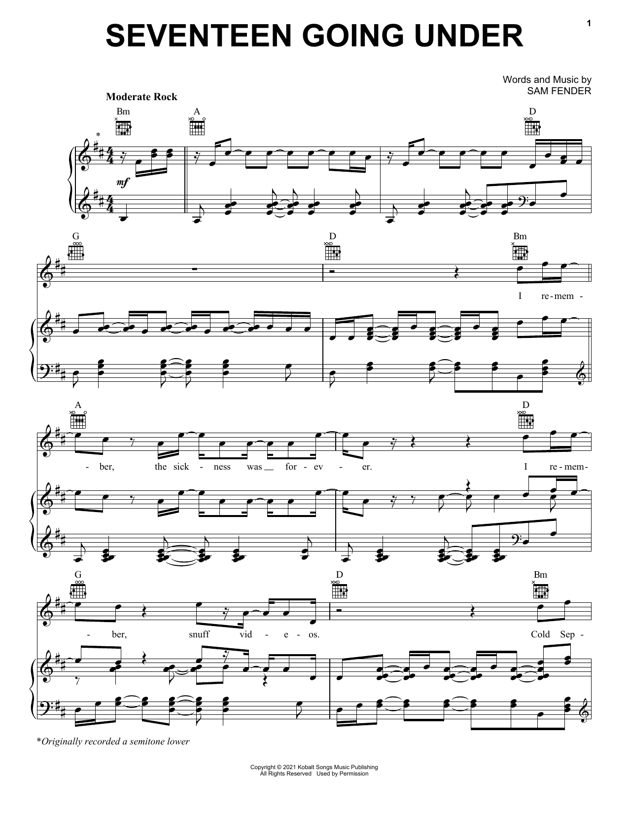 Sam Fender Seventeen Going Under Sheet Music Notes & Chords for Piano, Vocal & Guitar Chords (Right-Hand Melody) - Download or Print PDF