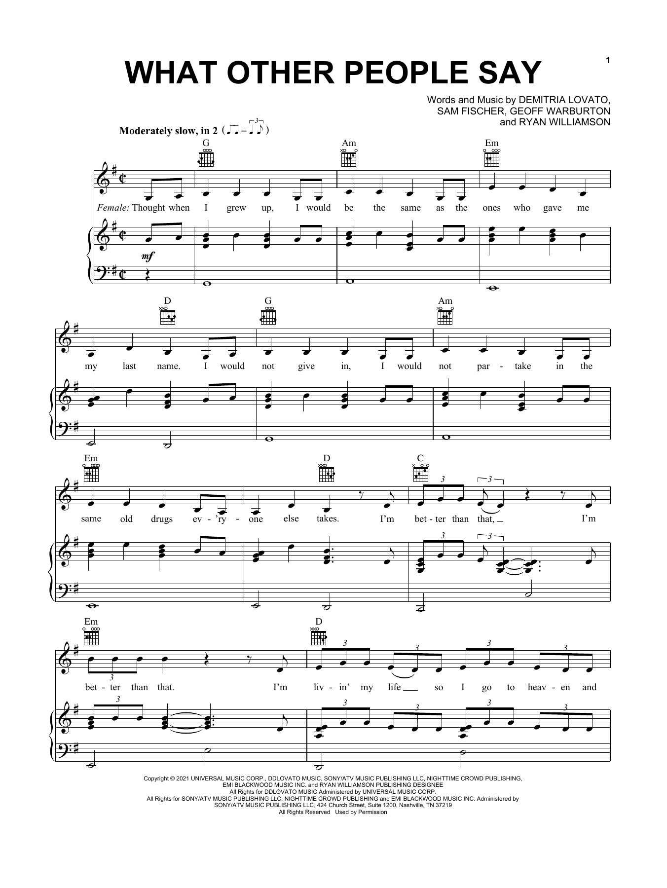 Sam Fischer & Demi Lovato What Other People Say Sheet Music Notes & Chords for Piano, Vocal & Guitar (Right-Hand Melody) - Download or Print PDF