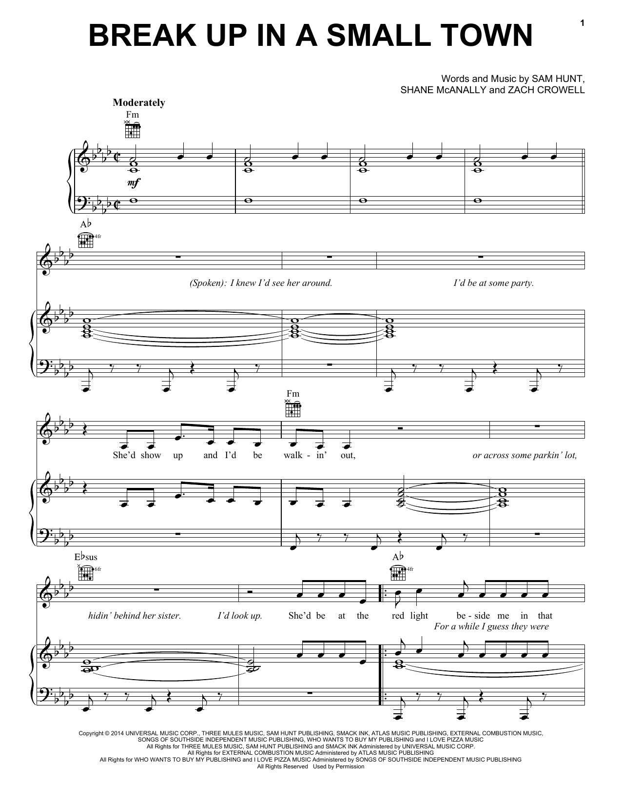 Sam Hunt Break Up In A Small Town Sheet Music Notes & Chords for Piano, Vocal & Guitar (Right-Hand Melody) - Download or Print PDF