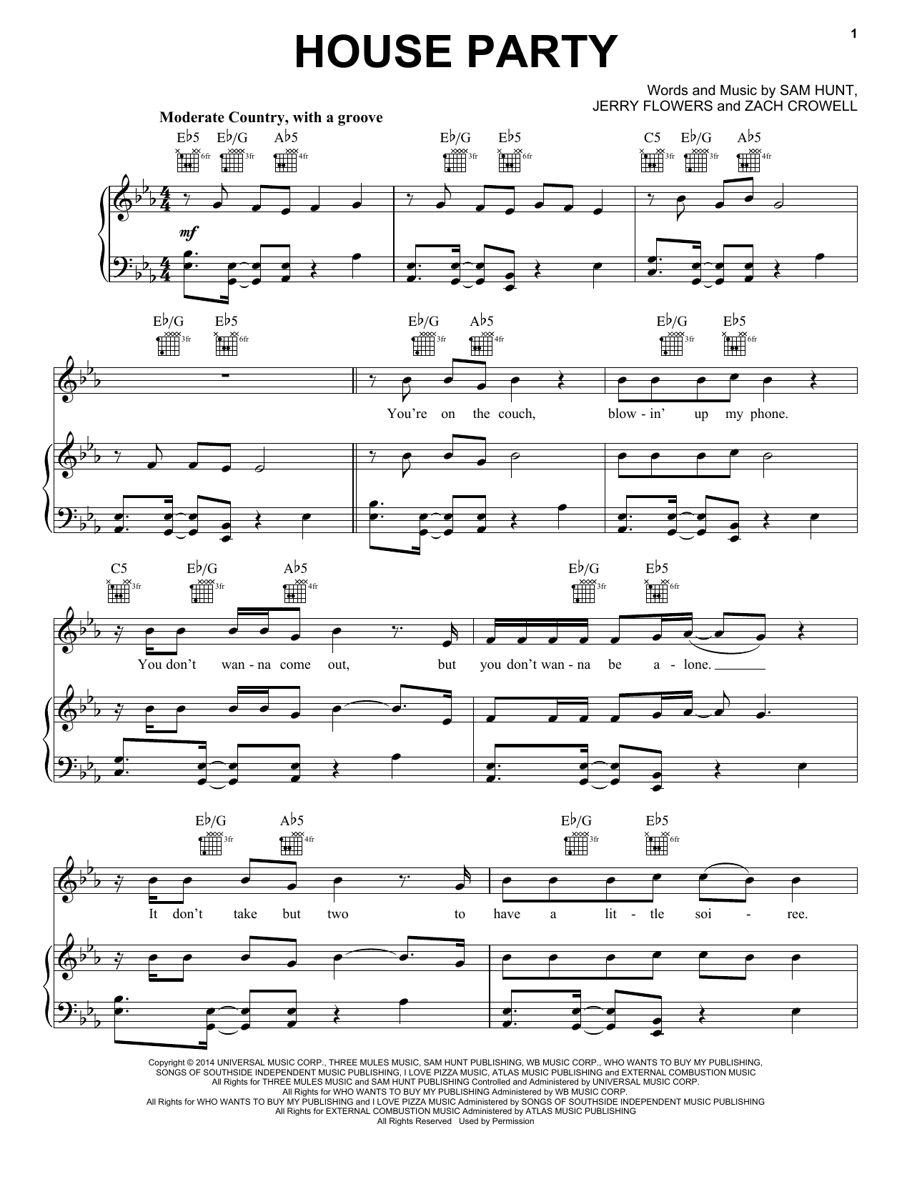 Sam Hunt House Party Sheet Music Notes & Chords for Piano, Vocal & Guitar (Right-Hand Melody) - Download or Print PDF