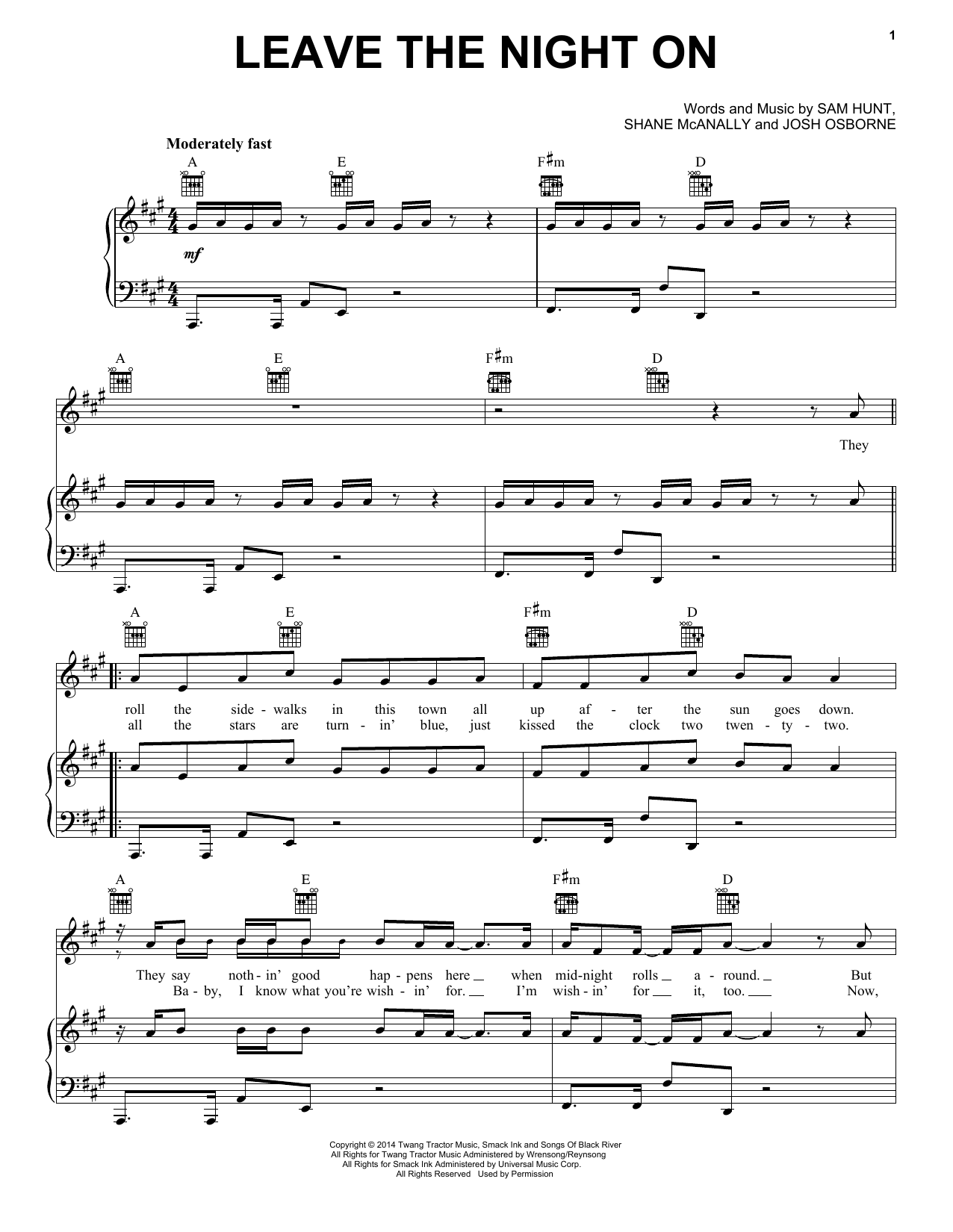 Sam Hunt Leave The Night On Sheet Music Notes & Chords for Piano, Vocal & Guitar (Right-Hand Melody) - Download or Print PDF