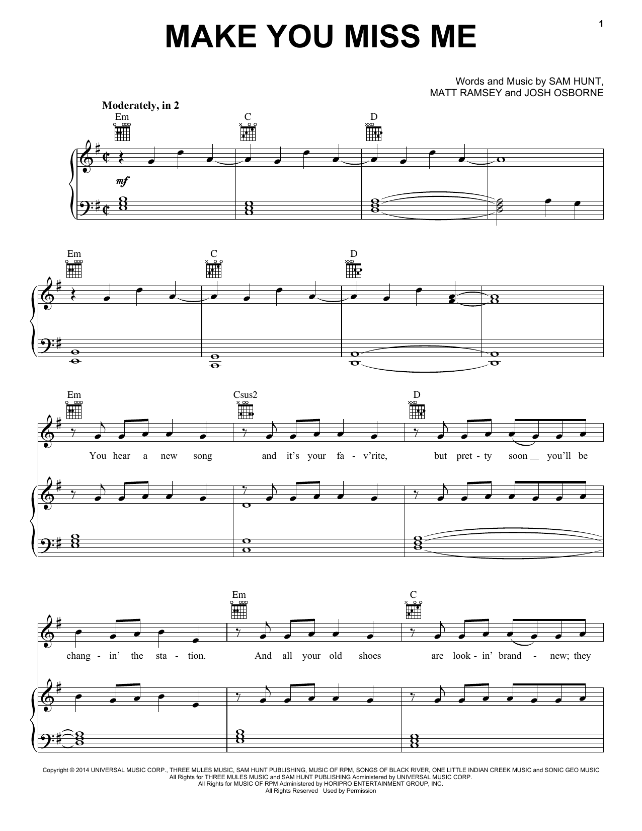 Sam Hunt Make You Miss Me Sheet Music Notes & Chords for Piano, Vocal & Guitar (Right-Hand Melody) - Download or Print PDF