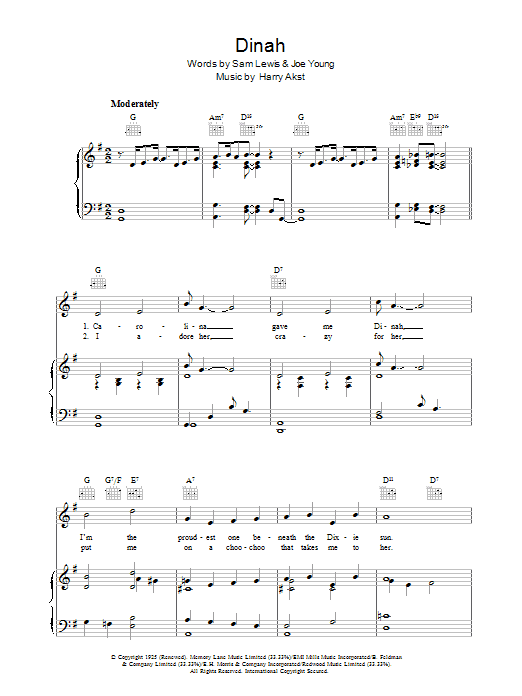 Harry Akst Dinah Sheet Music Notes & Chords for Piano, Vocal & Guitar (Right-Hand Melody) - Download or Print PDF