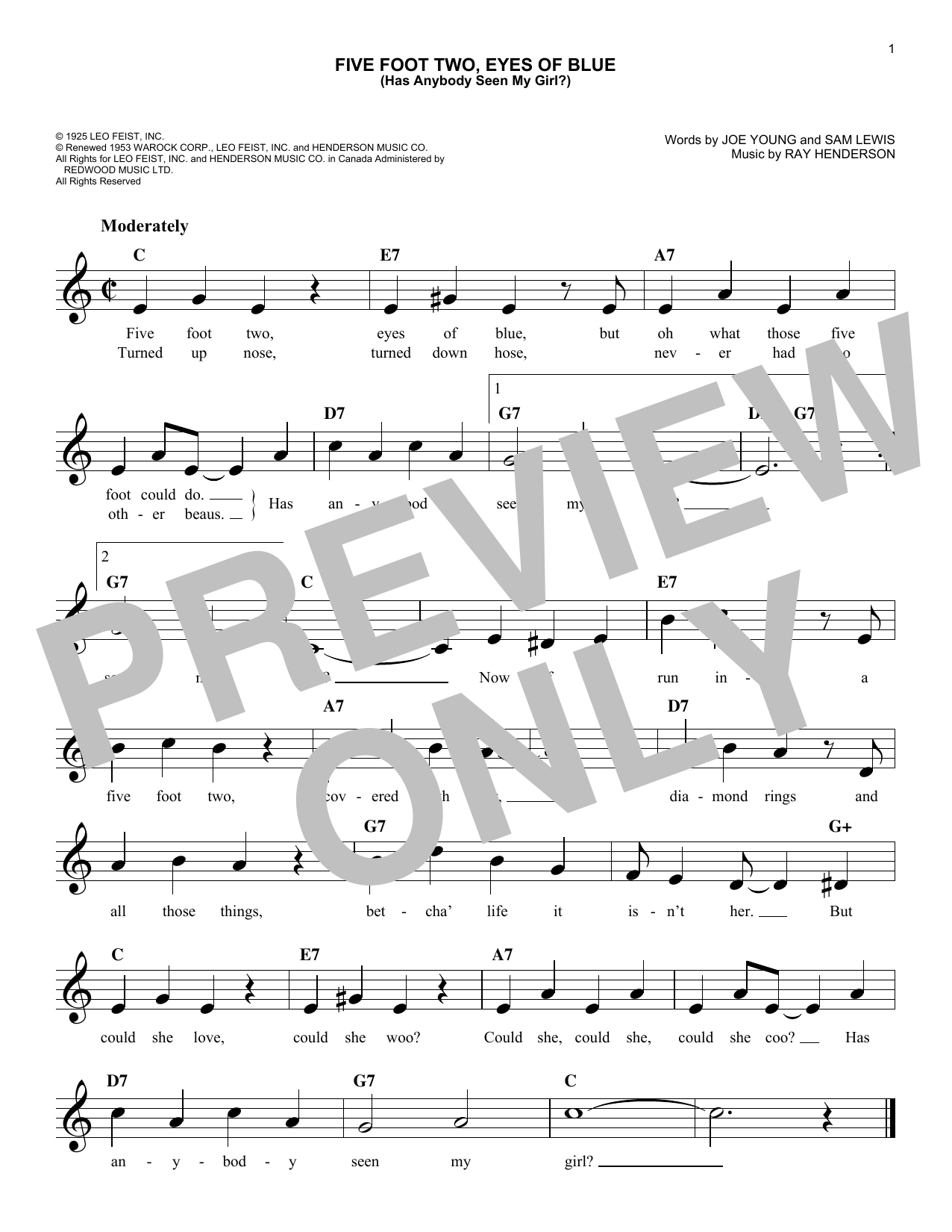 Sam Lewis Five Foot Two, Eyes Of Blue (Has Anybody Seen My Girl?) Sheet Music Notes & Chords for Melody Line, Lyrics & Chords - Download or Print PDF