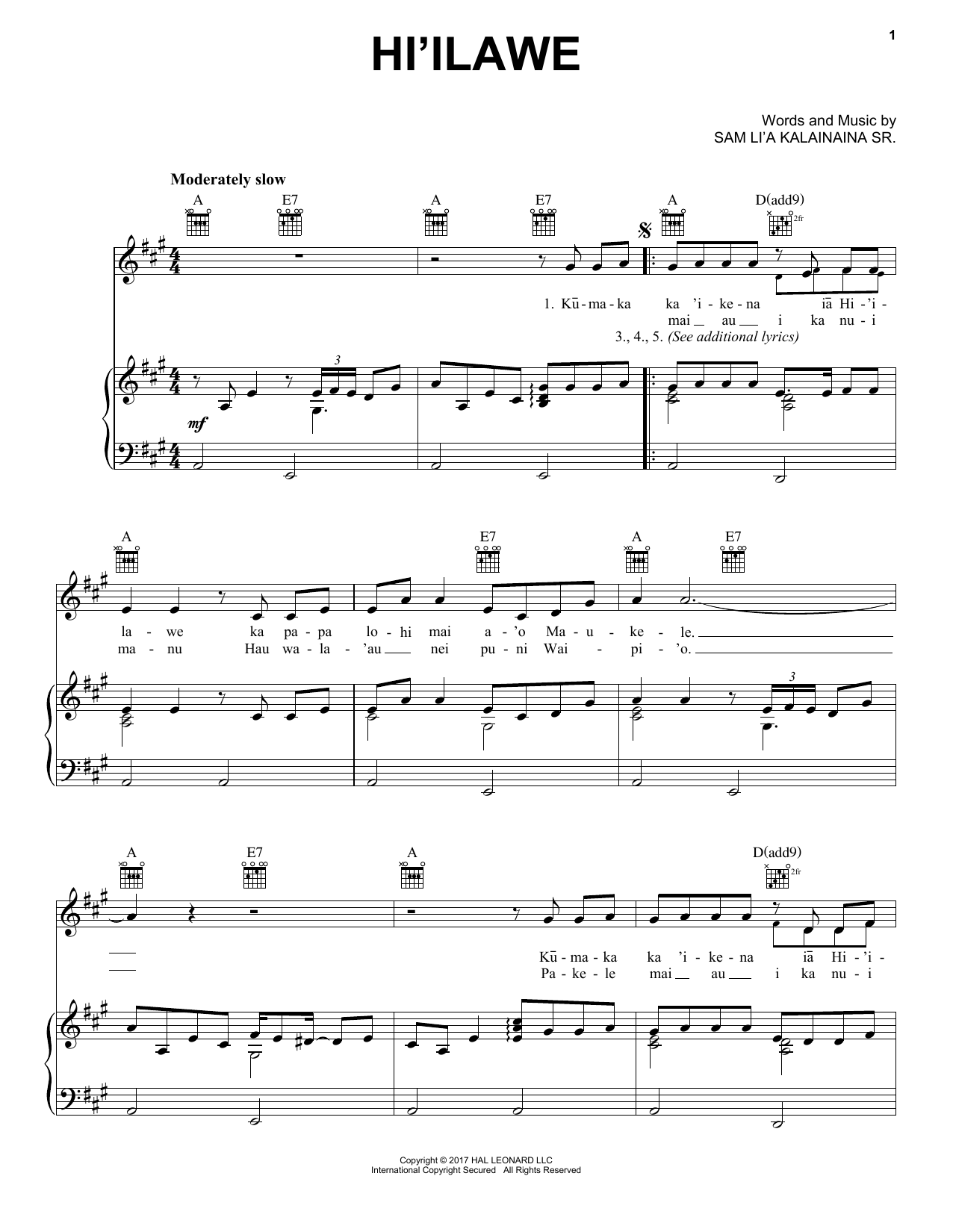 Sam Li'a Kalainaina Sr. Hi'ilawe Sheet Music Notes & Chords for Piano, Vocal & Guitar (Right-Hand Melody) - Download or Print PDF