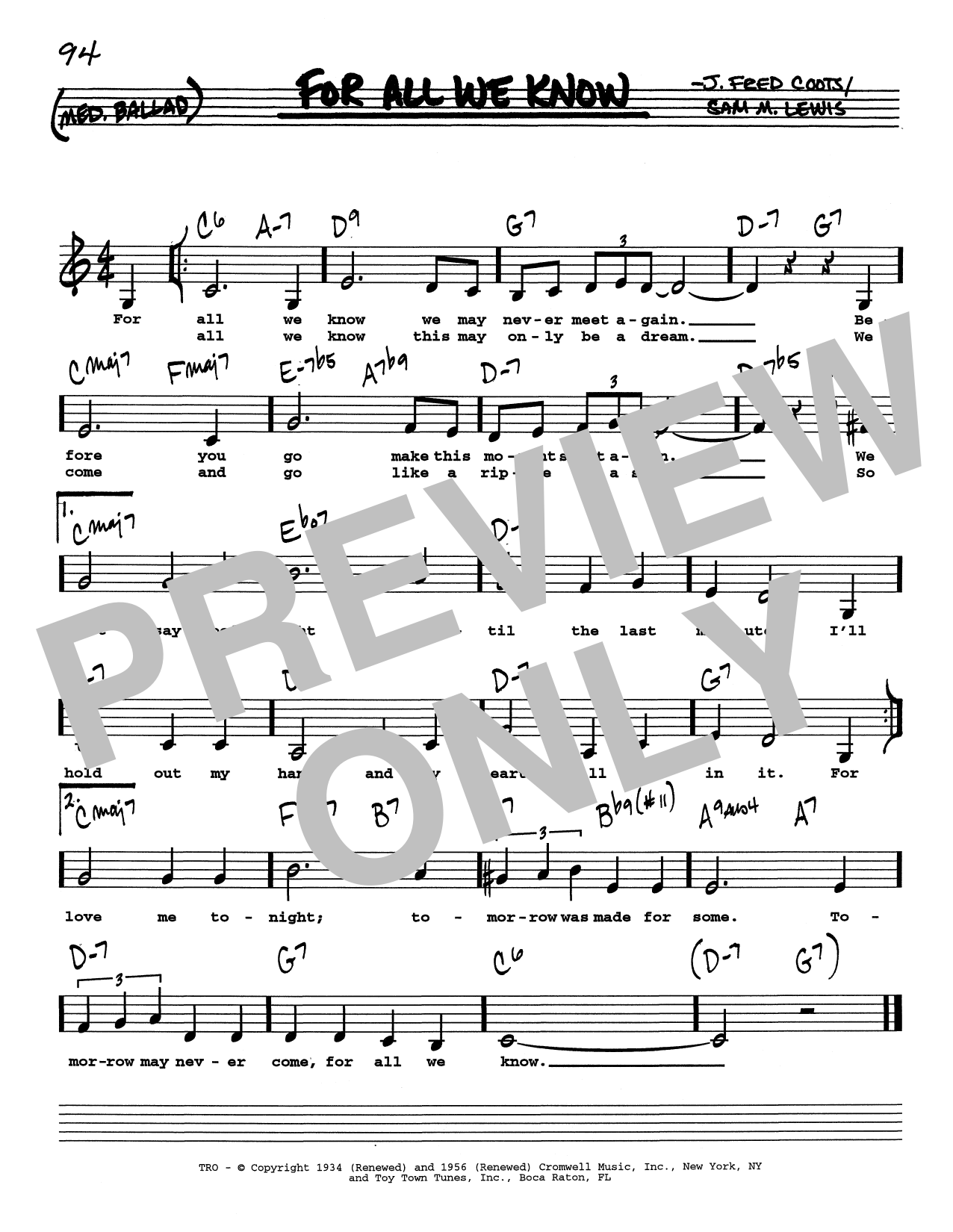 Sam M. Lewis For All We Know (Low Voice) Sheet Music Notes & Chords for Real Book – Melody, Lyrics & Chords - Download or Print PDF