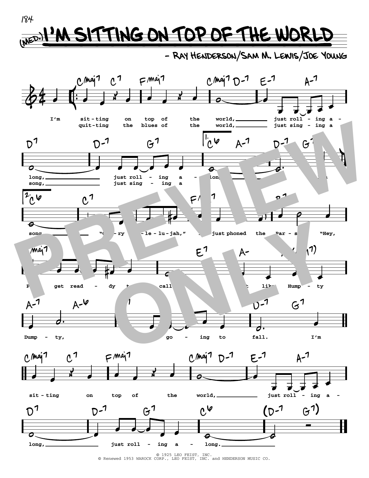 Sam M. Lewis I'm Sitting On Top Of The World (Low Voice) Sheet Music Notes & Chords for Real Book – Melody, Lyrics & Chords - Download or Print PDF