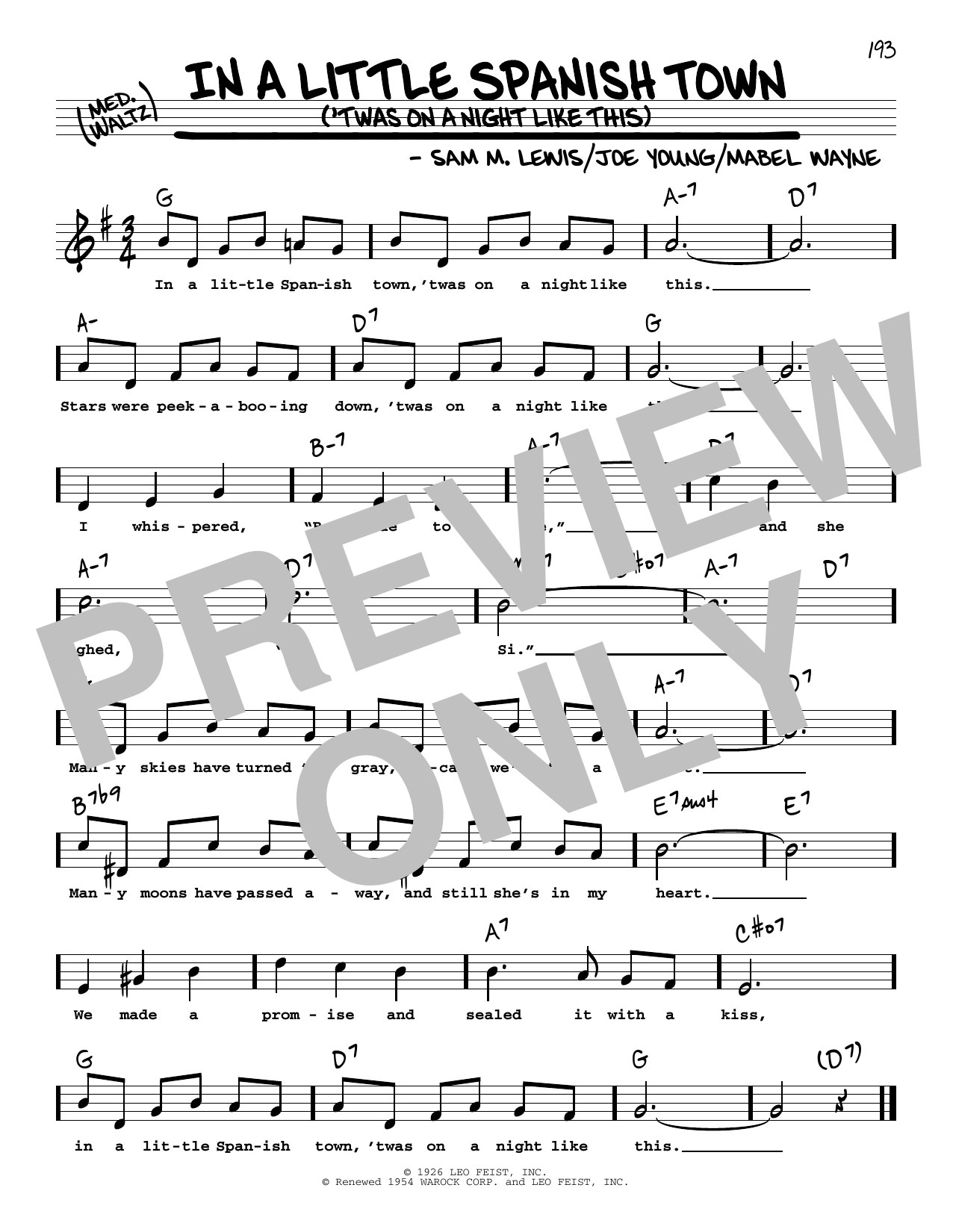 Sam M. Lewis In A Little Spanish Town ('Twas On A Night Like This) (High Voice) Sheet Music Notes & Chords for Real Book – Melody, Lyrics & Chords - Download or Print PDF