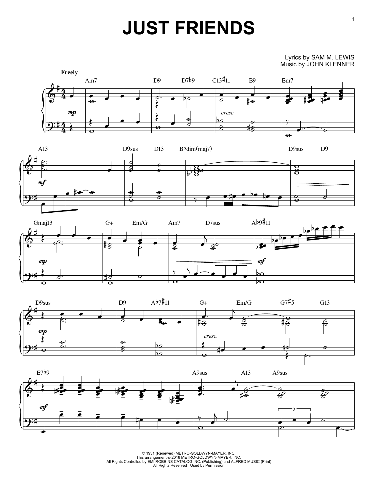 Sam M. Lewis Just Friends (arr. Brent Edstrom) Sheet Music Notes & Chords for Piano - Download or Print PDF