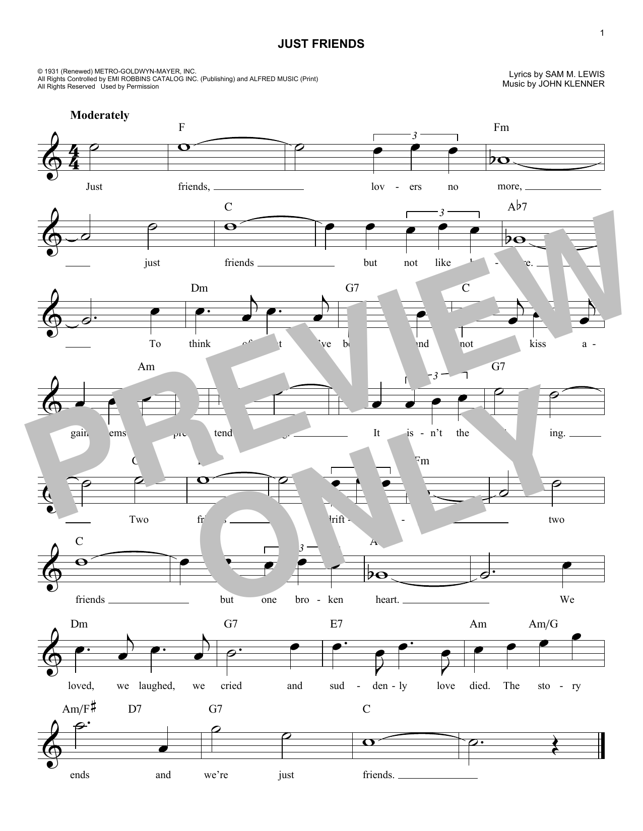 Sam M. Lewis Just Friends Sheet Music Notes & Chords for Melody Line, Lyrics & Chords - Download or Print PDF
