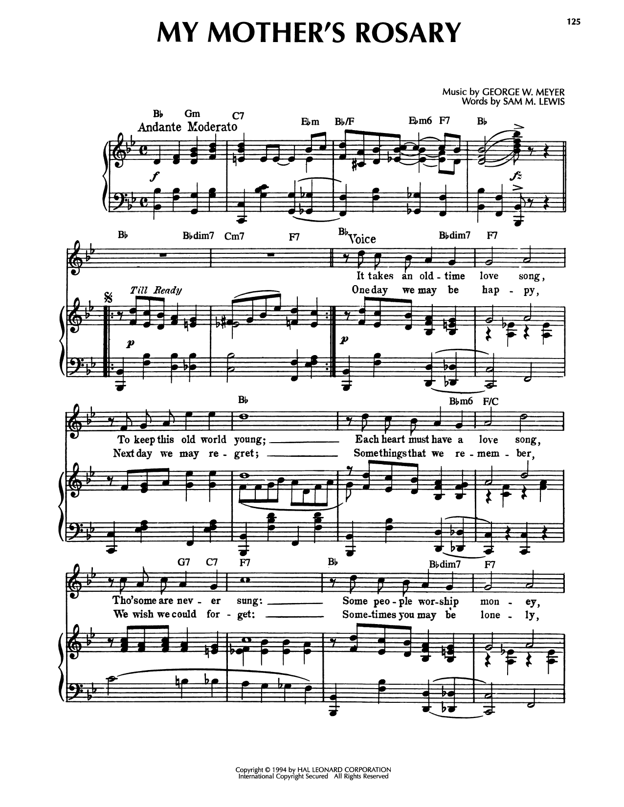 Sam M. Lewis My Mother's Rosary Sheet Music Notes & Chords for Piano, Vocal & Guitar Chords (Right-Hand Melody) - Download or Print PDF