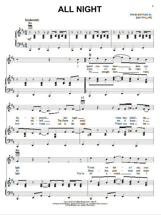 Sam Phillips All Night Sheet Music Notes & Chords for Piano, Vocal & Guitar (Right-Hand Melody) - Download or Print PDF