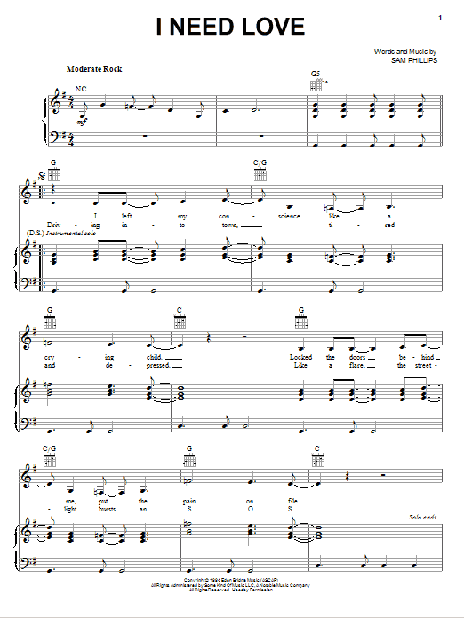 Sam Phillips I Need Love Sheet Music Notes & Chords for Piano, Vocal & Guitar (Right-Hand Melody) - Download or Print PDF