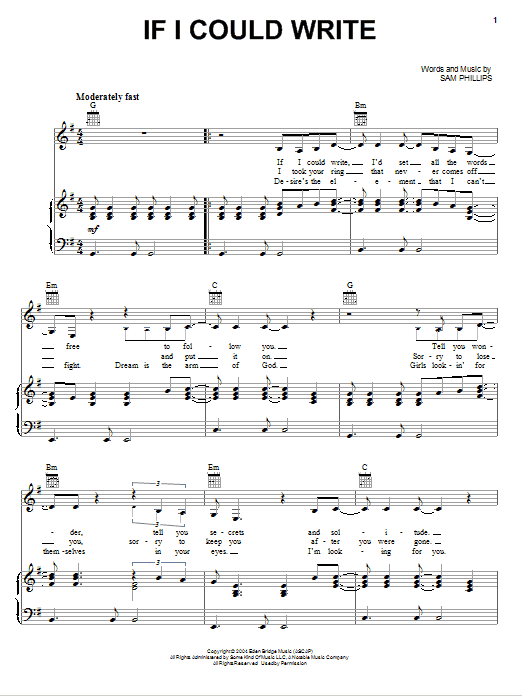 Sam Phillips If I Could Write Sheet Music Notes & Chords for Piano, Vocal & Guitar (Right-Hand Melody) - Download or Print PDF