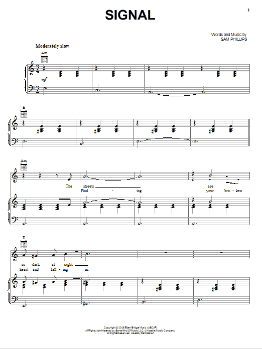 Sam Phillips Signal Sheet Music Notes & Chords for Piano, Vocal & Guitar (Right-Hand Melody) - Download or Print PDF