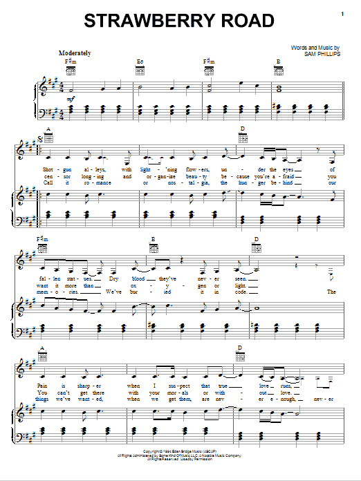 Sam Phillips Strawberry Road Sheet Music Notes & Chords for Piano, Vocal & Guitar (Right-Hand Melody) - Download or Print PDF