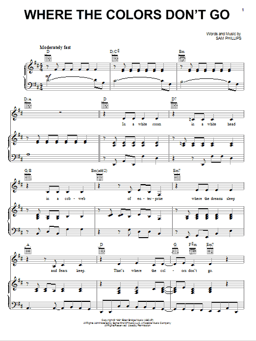 Sam Phillips Where The Colors Don't Go Sheet Music Notes & Chords for Piano, Vocal & Guitar (Right-Hand Melody) - Download or Print PDF Sam Phillips Where The Colors Don't Go Sheet Music Notes & Chords for Piano, Vocal & Guitar (Right-Hand Melody) - Download or Print PDF