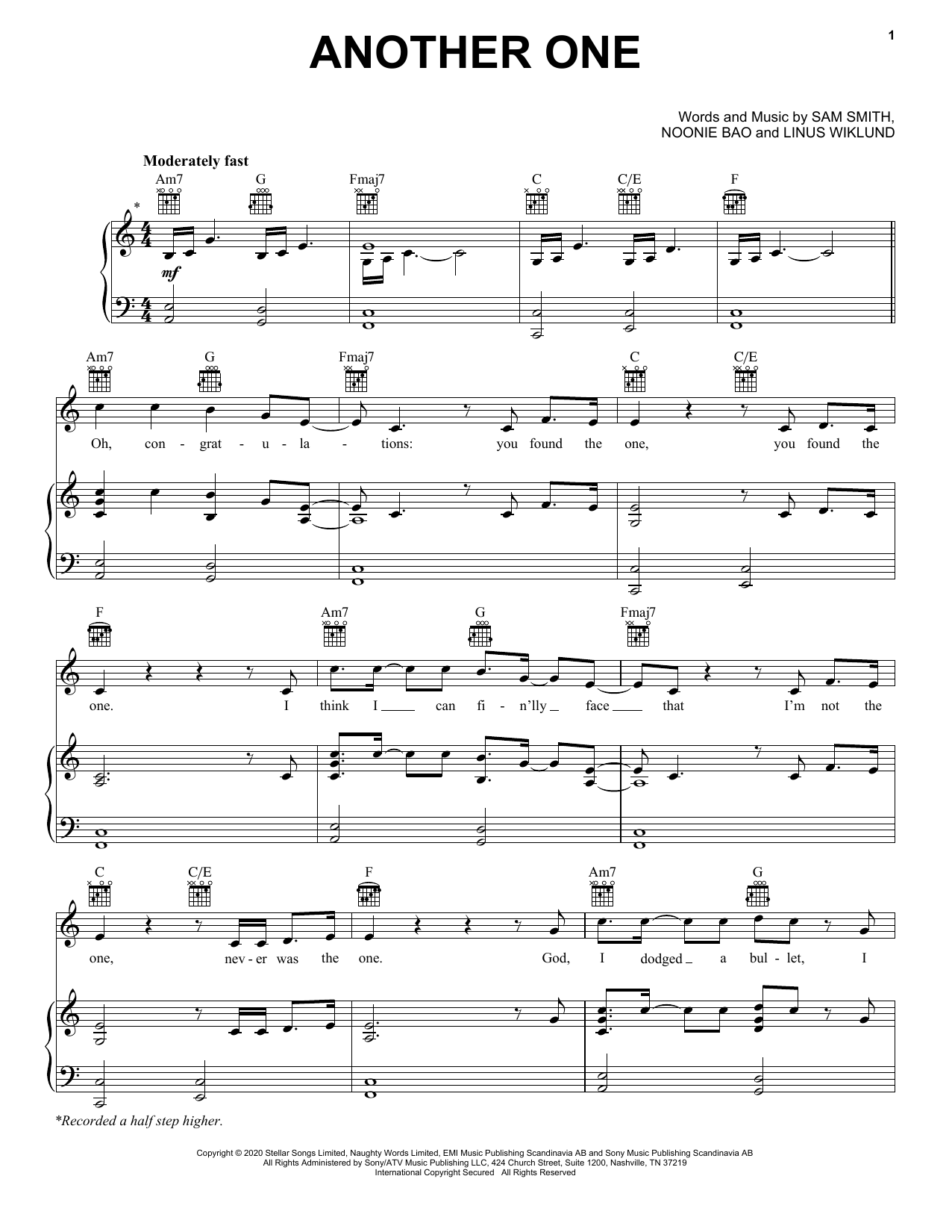 Sam Smith Another One Sheet Music Notes & Chords for Piano, Vocal & Guitar (Right-Hand Melody) - Download or Print PDF