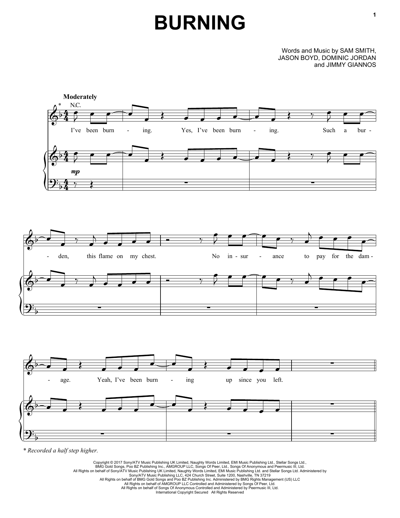 Sam Smith Burning Sheet Music Notes & Chords for Easy Piano - Download or Print PDF
