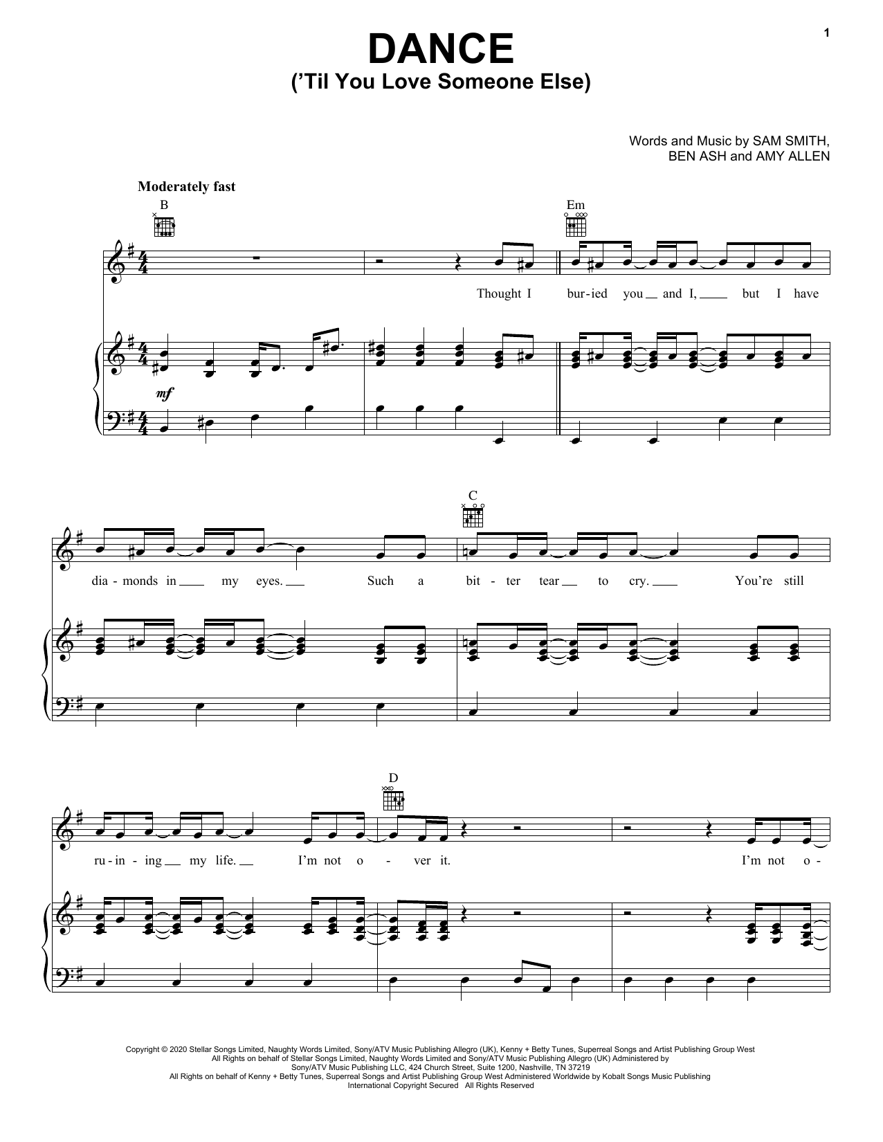 Sam Smith Dance ('Til You Love Someone Else) Sheet Music Notes & Chords for Piano, Vocal & Guitar (Right-Hand Melody) - Download or Print PDF