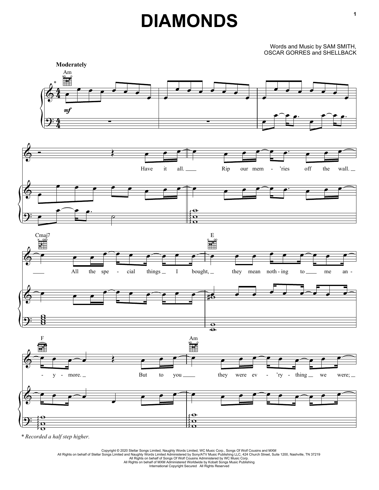 Sam Smith Diamonds Sheet Music Notes & Chords for Piano, Vocal & Guitar (Right-Hand Melody) - Download or Print PDF