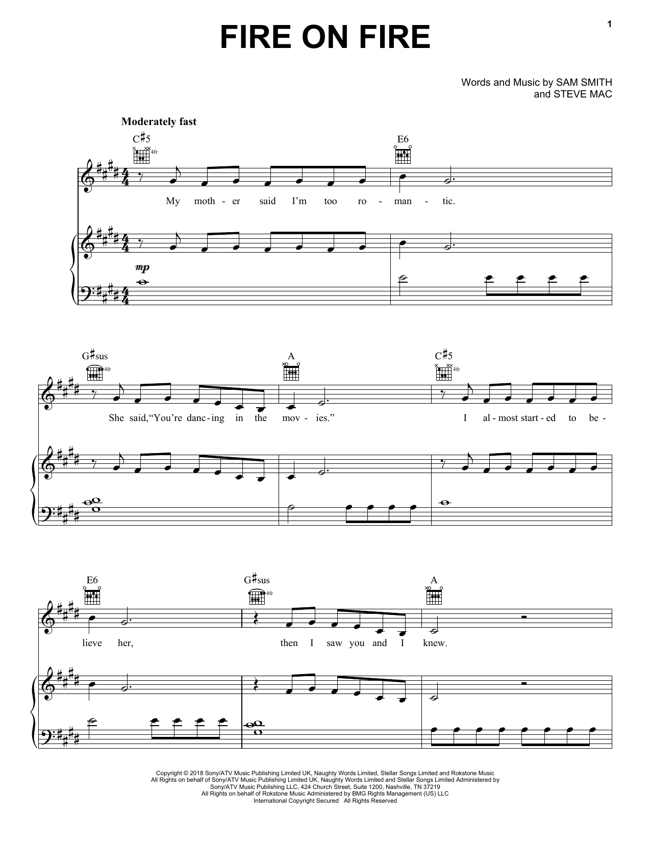 Sam Smith Fire On Fire (from Watership Down) Sheet Music Notes & Chords for Piano, Vocal & Guitar (Right-Hand Melody) - Download or Print PDF
