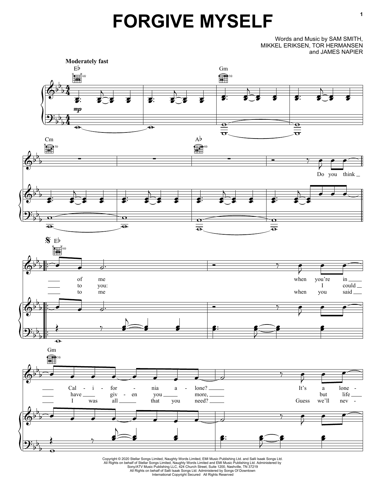 Sam Smith Forgive Myself Sheet Music Notes & Chords for Piano, Vocal & Guitar (Right-Hand Melody) - Download or Print PDF