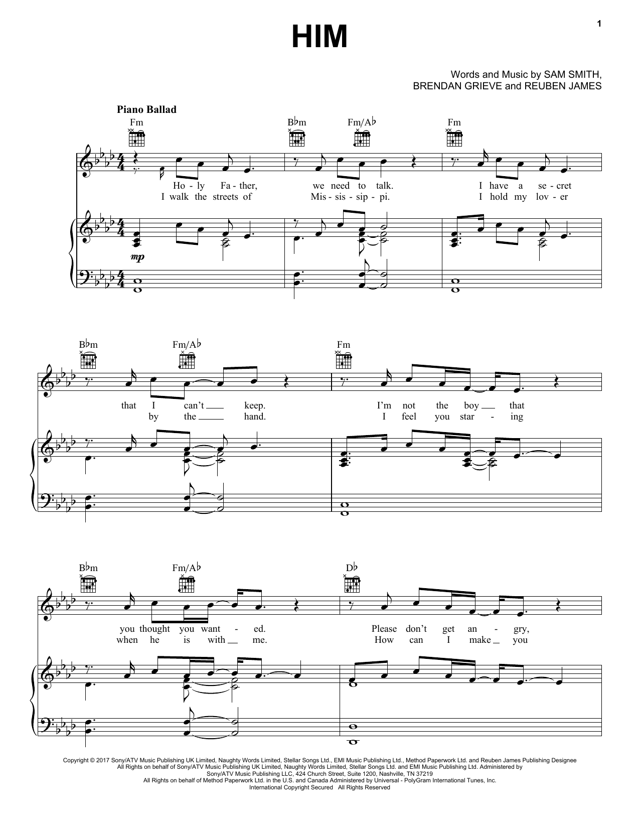 Sam Smith Him Sheet Music Notes & Chords for Piano, Vocal & Guitar (Right-Hand Melody) - Download or Print PDF