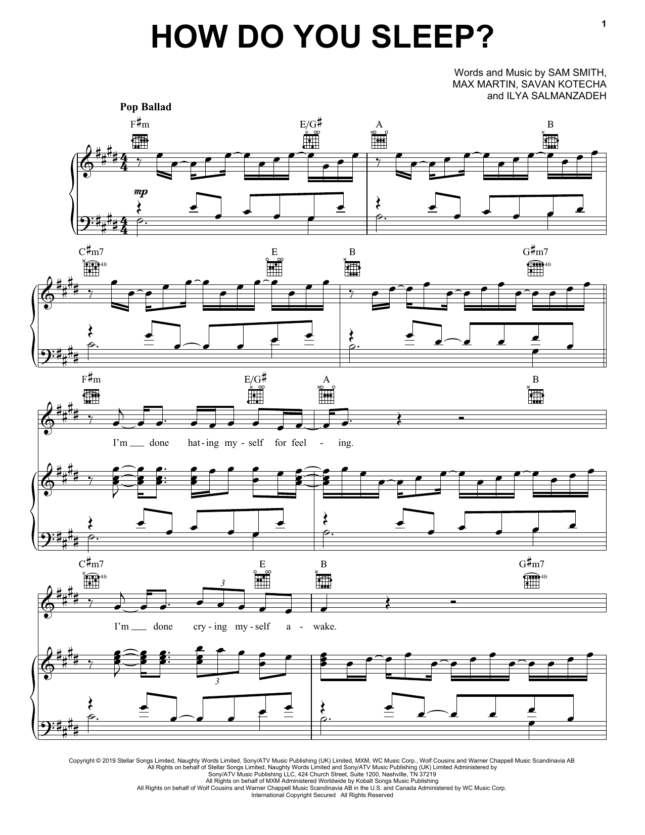 Sam Smith How Do You Sleep? Sheet Music Notes & Chords for Piano, Vocal & Guitar (Right-Hand Melody) - Download or Print PDF